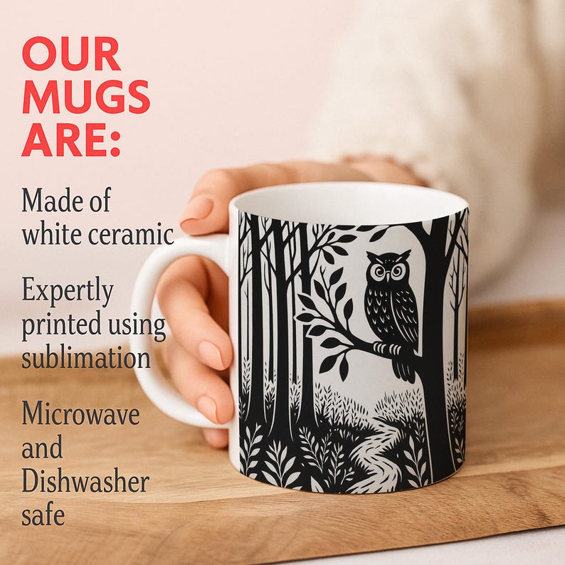 Owl Linoprint Forestcore Ceramic Coffee Mug Owl Gifts Animal Lover Gift Nature Lover Gift Coffee Lover Gift Cottagecore Gifts Camper Dad Mug image 2