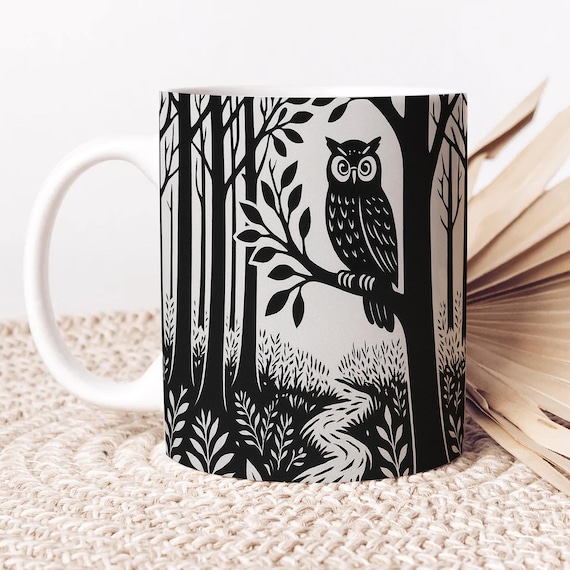 Owl Linoprint Forestcore Ceramic Coffee Mug Owl Gifts Animal Lover Gift Nature Lover Gift Coffee Lover Gift Cottagecore Gifts Camper Dad Mug