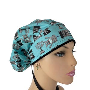 Robot Print Bouffant Scrub Cap: Cotton Tie-Back Surgical Hat