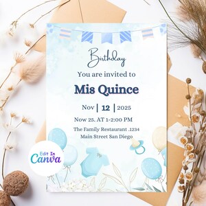 Süßes Baby-Thema Mis Quinceamaßa Einladung - Blaue Ballons & Strampelanzug - Druckbare 15.Geburtstag - Digitaler Download - Bearbeitbare Einladung