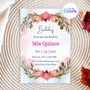 Élégante couronne botanique Mis Quinceanera Invitation - rose tendre et verdure - imprimable 15e anniversaire - téléchargement numérique - invitation modifiable