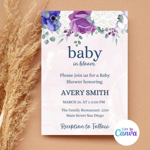 Faire-part de shower de bébé floral bleu violet bébé en fleurs - thème jardin élégant - douche imprimable - téléchargement numérique - invitation modifiable