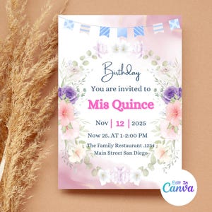 Modèle d'invitation floral élégant Mis Quinceañera - fleurs roses, violettes et or - imprimable 15e anniversaire - téléchargement numérique - Mis coing