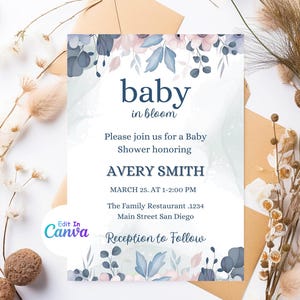 Faire-part de baby shower floral bleu et neutre bébé en fleurs - thème botanique élégant - Shower de bébé - téléchargement numérique - faire-part modifiable