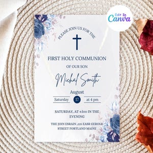Elegante invitación floral azul para Primera Comunión - Diseño de cruz sencilla - Imprimible - Descarga digital - Invitación editable