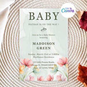 Faire-part de baby shower élégant pêche et vert floral - Baby Nathan - Shower de bébé moderne imprimable - téléchargement numérique - Invitation modifiable instantanée