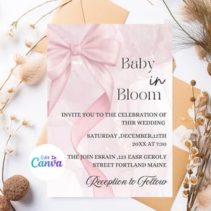 Faire-part de baby shower ruban rose en fleurs - Design élégant blush - shower d'hiver à imprimer - téléchargement numérique - faire-part personnalisable