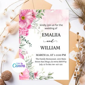 Elegant Pink Floral Wedding Invitation Template - Watercolor Blooms & Greenery - Printable Spring Wedding - Digital Download - Editable PDF