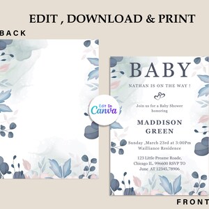 Invitation de baby shower floral bleu et gris élégant - Baby Nathan - Shower de bébé moderne imprimable - téléchargement numérique - Maddison vert-modifiable inviter