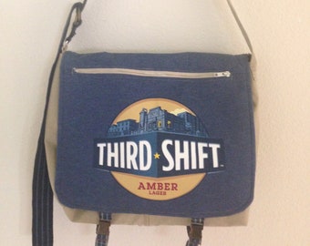 Large Third Shift Upcycled Messenger Bag - upcycled clothing, unisex, crossbody bag, shoulder bag, laptop bag, recycled clothing, beer shirt