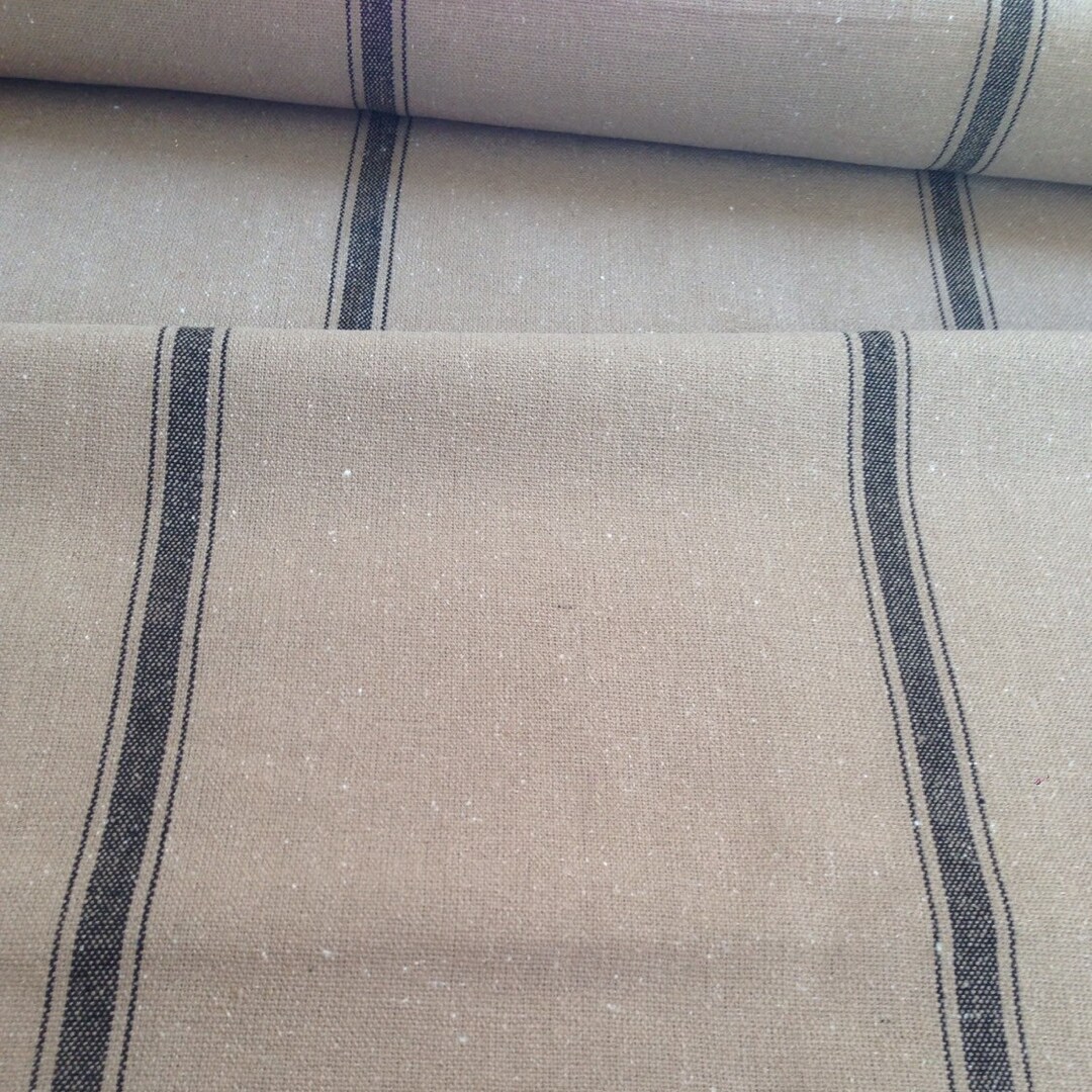 Grain Sack Fabric by the Yard Black Stripe on Dark Tan Grain Sack