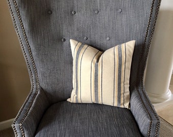 Grain Sack Pillow Cover: Blue & Gold Stripe Cotton Blend