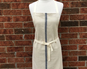 Grain Sack Apron Blue Stripe Chef Apron BBQ Apron Farmhouse Apron Hostess Apron Wedding Apron Bride and Groom Apron Kitchen Apron