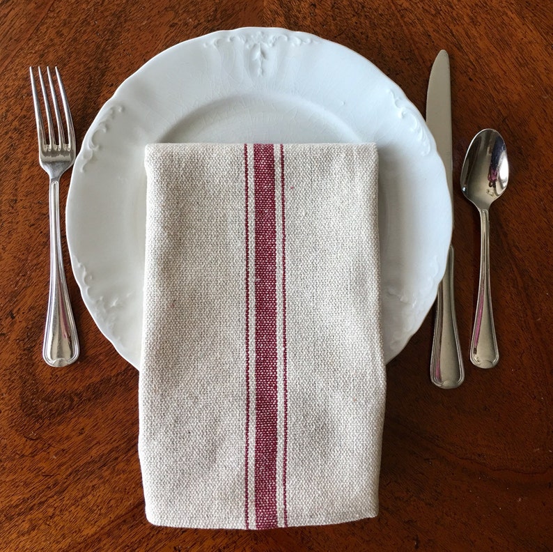 Grain Sack Dinner Napkin Red Stripes - very French farmhouse chic! #frenchfarmhouse #tablescape #grainsack #napkins #grainsackstripe