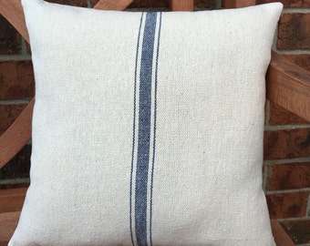 Blue Stripe Grain Sack Pillow Cover, Handmade French Inspired