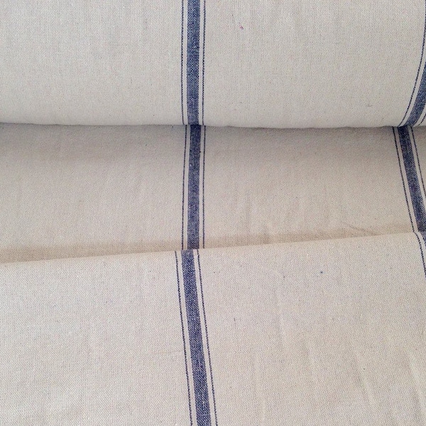 Tela de saco de grano con rayas azules - Mezcla de algodón de inspiración vintage cortada a medida