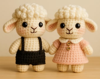 Couple Lamb Doll Crochet Pattern PDF – Curly Lamb Amigurumi with Pink Dress & Overalls, Digital Download, 5 Languages