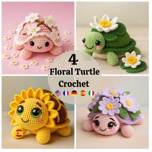 May include: Four crochet turtles with floral designs. One is pink with white flowers, another green with white flowers, a yellow sunflower turtle, and a purple turtle with daisies. The image includes the text "4 Floral Turtle Crochet".