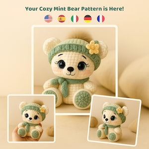 Peut inclure: Un ours en crochet portant un chapeau, une écharpe et une fleur vert menthe. L'ours a de grands yeux expressifs et est assis. L'image comprend le texte "Your Cozy Mint Bear Pattern is Here!"