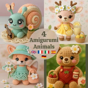May include: Four colorful amigurumi animals: a snail with a butterfly, a deer with a flower crown, a fox with a hat, and a bear in overalls. The text "4 Amigurumi Animals" is displayed with flags.
