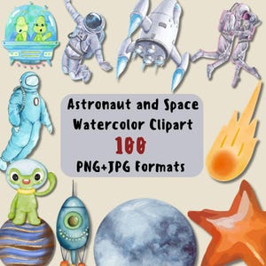 Watercolor Space Clipart Bundle of 100, Astronaut Clipart, Rocket Clipart, Stars and Moon PNG, Space Birthday Party Decorations, Art Prints