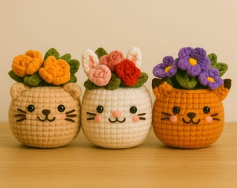 Crochet Pattern Animal Flower Pots – Fox with Violets, Cat Planter, Bunny Planter Amigurumi PDF Tutorial Instant Download