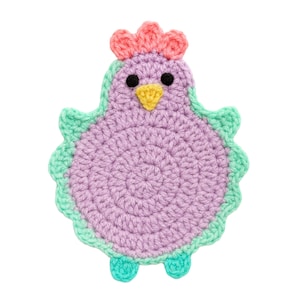 May include: A handmade crochet chicken in shades of purple, mint green, coral, and yellow. The chicken has a circular body, a scalloped edge, and small feet. The chicken has black eyes and a yellow beak. This item is perfect for Easter decorations.