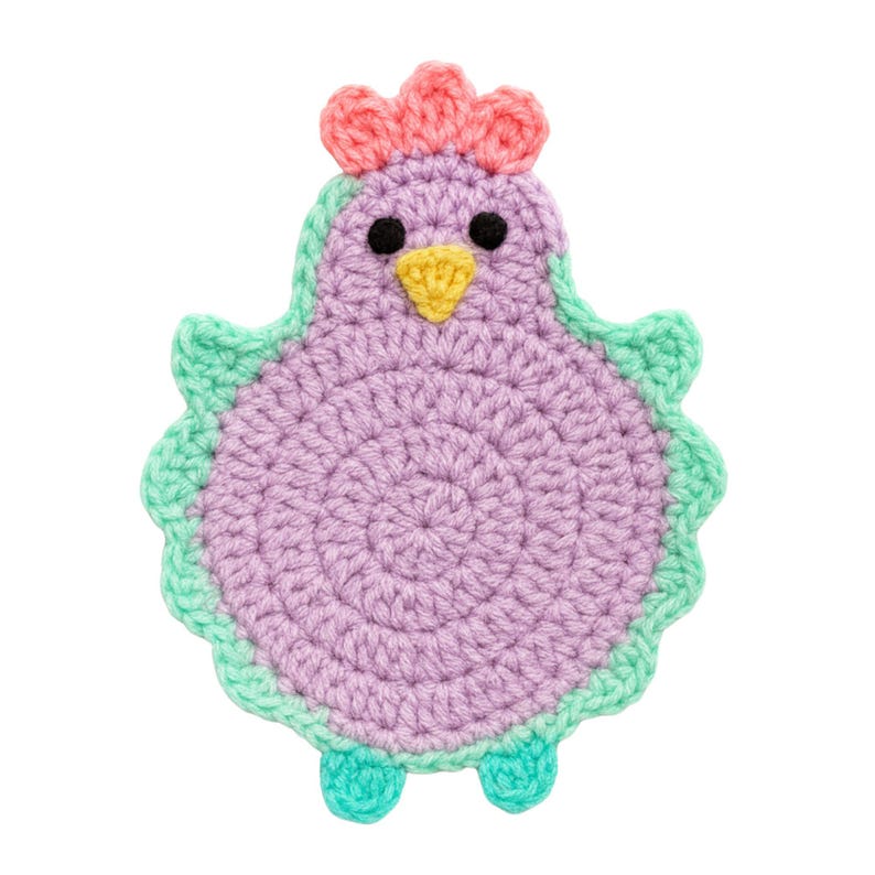 May include: A handmade crochet chicken in shades of purple, mint green, coral, and yellow. The chicken has a circular body, a scalloped edge, and small feet. The chicken has black eyes and a yellow beak. This item is perfect for Easter decorations.