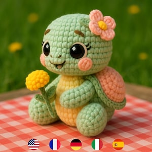 Peut inclure: Une poupée tortue au crochet avec un corps vert clair, un ventre jaune et vert et une carapace rose. La tortue a de grands yeux noirs, des joues roses et une fleur rose sur la tête. Elle tient une fleur jaune.