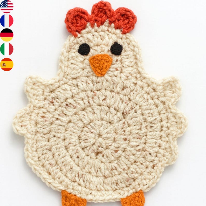 May include: A handmade crochet chicken coaster in cream, orange, and black. The coaster features a circular body with scalloped edges, orange feet, a red comb, black eyes, and an orange beak. This whimsical item is perfect for kitchen decor.