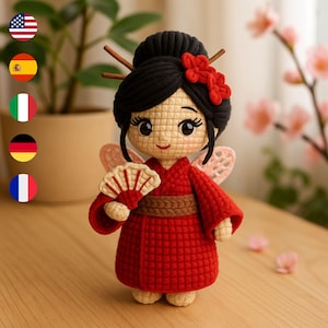 Geisha with Fan Crochet Pattern – Amigurumi Plush Doll – Japanese Girl Soft Toy PDF – Kawaii Kimono Doll – Digital Crochet Tutorial