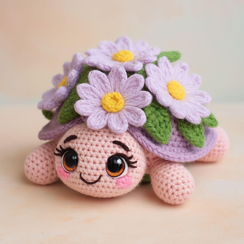 May include: A handcrafted crochet turtle with a smiling face, eyelashes, and rosy cheeks. The turtle's shell is decorated with lavender flowers with yellow centres and green leaves. The turtle is mainly pink and lavender.