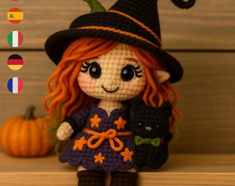 Witch & Black Cat Amigurumi Crochet Pattern – Halloween Plush Doll (PDF Tutorial)