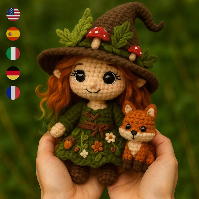May include: Crocheted doll of a girl with red hair, wearing a green dress and a brown witch hat adorned with mushrooms and leaves. A small orange fox is held next to the doll. The doll is handmade.