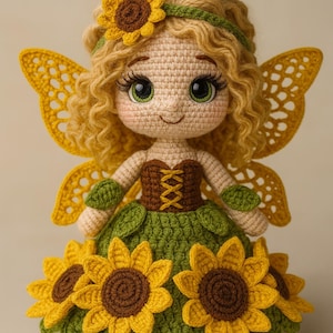 Peut inclure: Une poupée fée au crochet faite à la main avec des cheveux blonds bouclés, des yeux verts et des accents de tournesol jaunes. La poupée porte une robe verte avec des détails de tournesol, un corsage marron et des ailes jaunes. La poupée mesure environ 20 cm de haut.