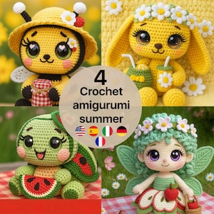Könnte beinhalten: Vier gehäkelte Amigurumi-Puppen: eine Biene, ein Hase, eine Schildkröte und eine Fee. Die Biene trägt einen gelben Hut und hält ein Glas. Der Hase hat einen Blumenkranz und trinkt aus einem Becher. Die Schildkröte hält eine Wassermelonen-Scheibe. Die Fee hat einen Blumenkranz und ein Apfelkleid. Der Text lautet "4 Crochet amigurumi summer".