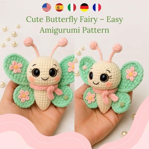 May include: Two crochet butterfly fairies with green wings, pink flowers, and a pink scarf. The butterflies have large black eyes and are cream-colored. The text "Cute Butterfly Fairy - Easy Amigurumi Pattern" is above the butterflies.