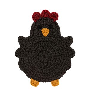 May include: A handmade crochet chicken coaster in dark gray with a red comb, yellow beak, and yellow feet. The coaster is round and has a textured appearance, perfect for protecting surfaces from hot or cold drinks. This item is a charming addition to any kitchen or dining area.