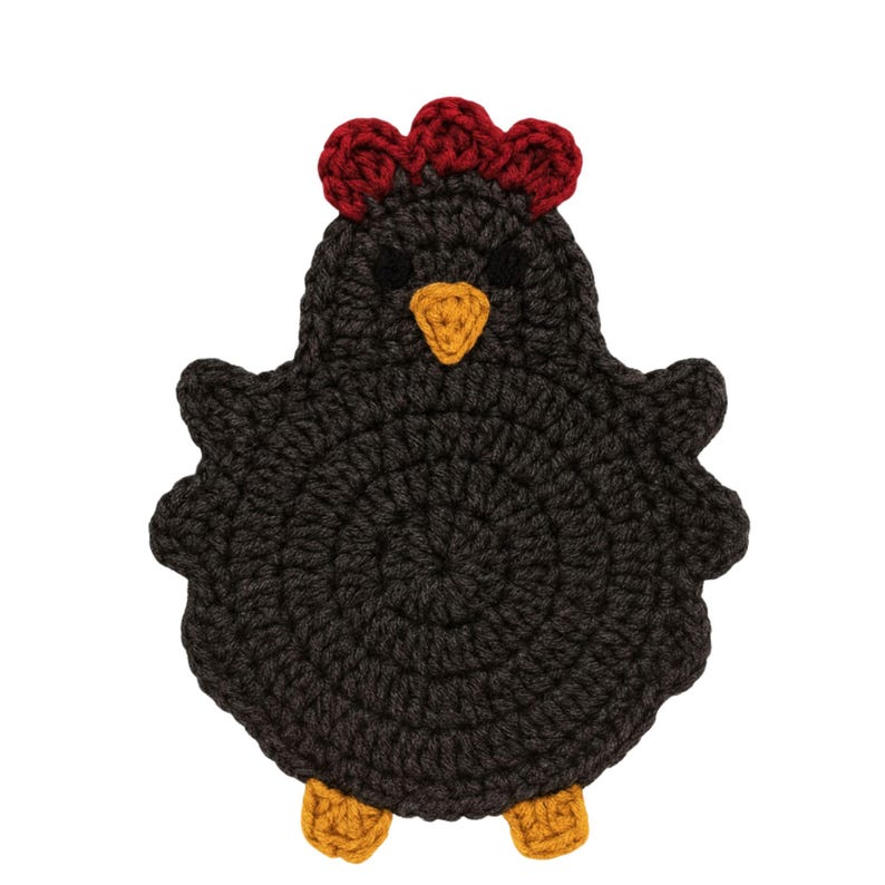May include: A handmade crochet chicken coaster in dark gray with a red comb, yellow beak, and yellow feet. The coaster is round and has a textured appearance, perfect for protecting surfaces from hot or cold drinks. This item is a charming addition to any kitchen or dining area.