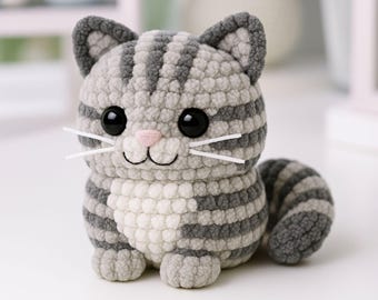 Grey Tabby Cat Crochet Pattern PDF – Cute Amigurumi Plush – Beginner Friendly Kitty Toy Tutorial – Instant Download