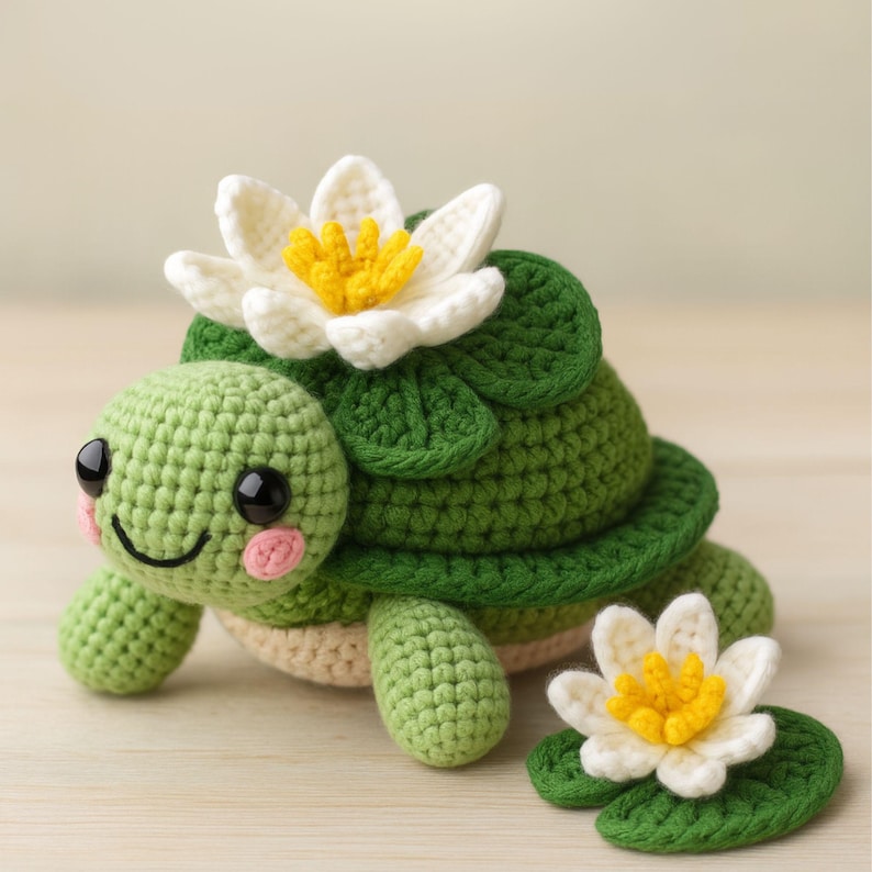 May include: A crocheted turtle, predominantly green, with a smiling face, pink cheeks, and black eyes. It has a white and yellow flower on its back and another on a green lily pad. The turtle's shell and limbs are detailed.