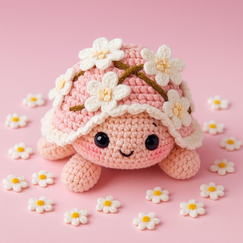 May include: A crocheted turtle with a pink shell decorated with white daisy flowers and a brown vine. The turtle has a smiling face with black eyes, surrounded by small daisy embellishments on a pink background.