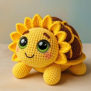 May include: A crocheted turtle plushie with a sunflower design. The turtle has a yellow head and legs, a brown and yellow shell, and large, expressive eyes with green irises. The plushie is approximately 15 cm tall.