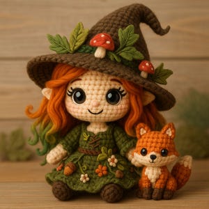 May include: A crocheted doll and fox. The doll has orange hair, a green dress, and a brown hat decorated with mushrooms and leaves. The fox is orange and white. The doll and fox are sitting on a wooden surface.