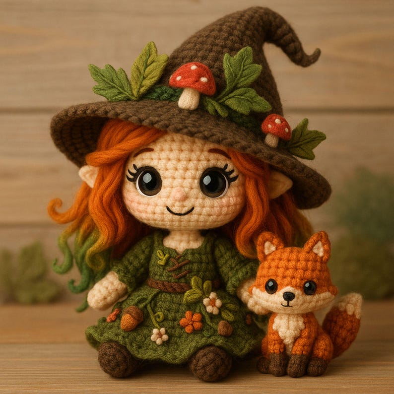 May include: A crocheted doll and fox. The doll has orange hair, a green dress, and a brown hat decorated with mushrooms and leaves. The fox is orange and white. The doll and fox are sitting on a wooden surface.