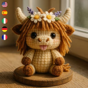 May include: A crocheted Highland cow plushie with a light brown body, shaggy brown hair, and cream-colored horns. The cow has a pink tongue sticking out and is adorned with a flower crown. It sits on a small, round wooden base.