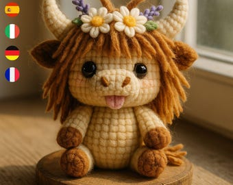Crochet Highland Cow Amigurumi Pattern – Plush Bull with Flower Crown (PDF Tutorial)