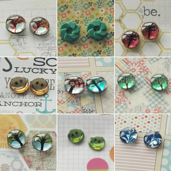 80s Sticker Earrings, Vintage Button Earrings, Cabochon Tree Post