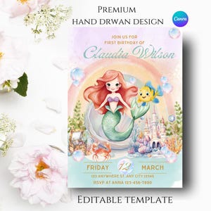 Faire-part d'anniversaire modifiable petite sirène, modèle d'invitation d'anniversaire Ariel, fête sous la mer, Invitation numérique princesse Ariel