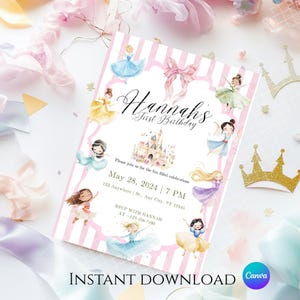 Convite de aniversário de princesa em aquarela, convite digital editável de aniversário de princesa, modelo de convite de princesa personalizável da Canva
